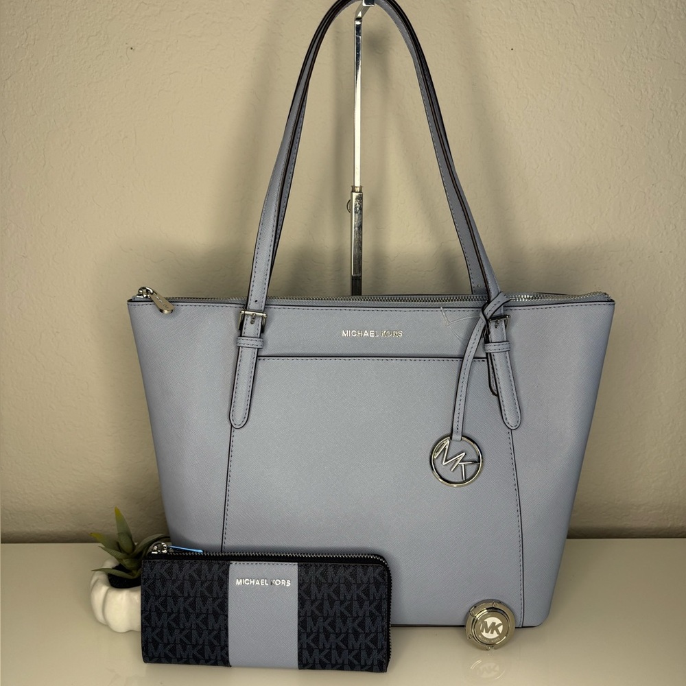 3pc MICHAEL KORS Pale Blue Ciara Tote, Wallet & Purse Hook in Pale Blue - NWT